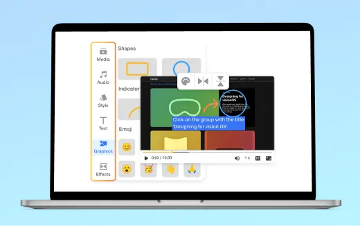 Visla video annotation tool with options to insert graphics like shapes and arrows for enhanced visual storytelling.